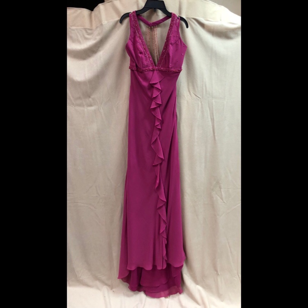 Vintage 90's Raspberry Pink Ruffle Halter Gown - Picture 6 of 8